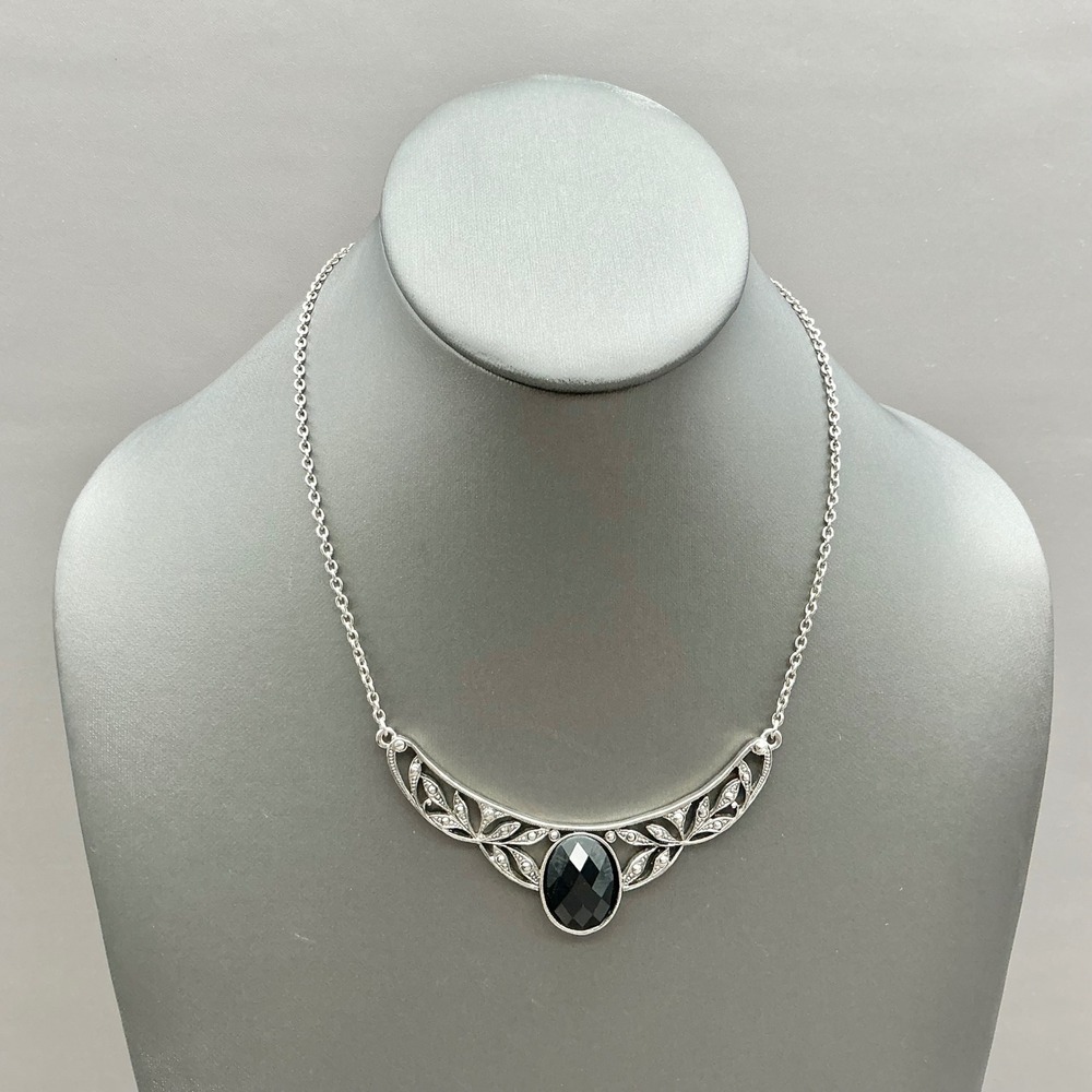 2028 Necklace Women Silver Tone Black Faux Onyx Marcasite Style Floral Bib 8819